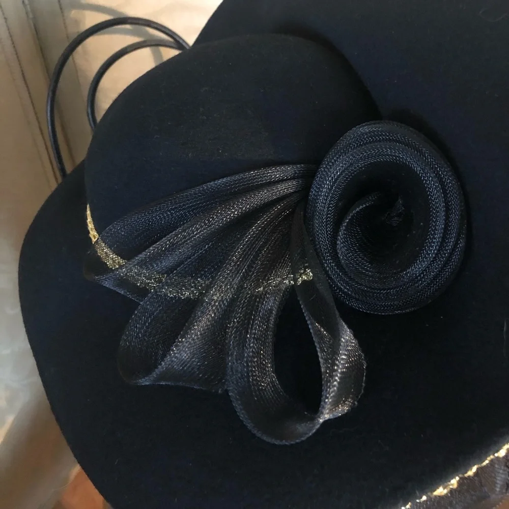 Vintage Couture Wide Brim Black & Gold Hat - Picture 7 of 14